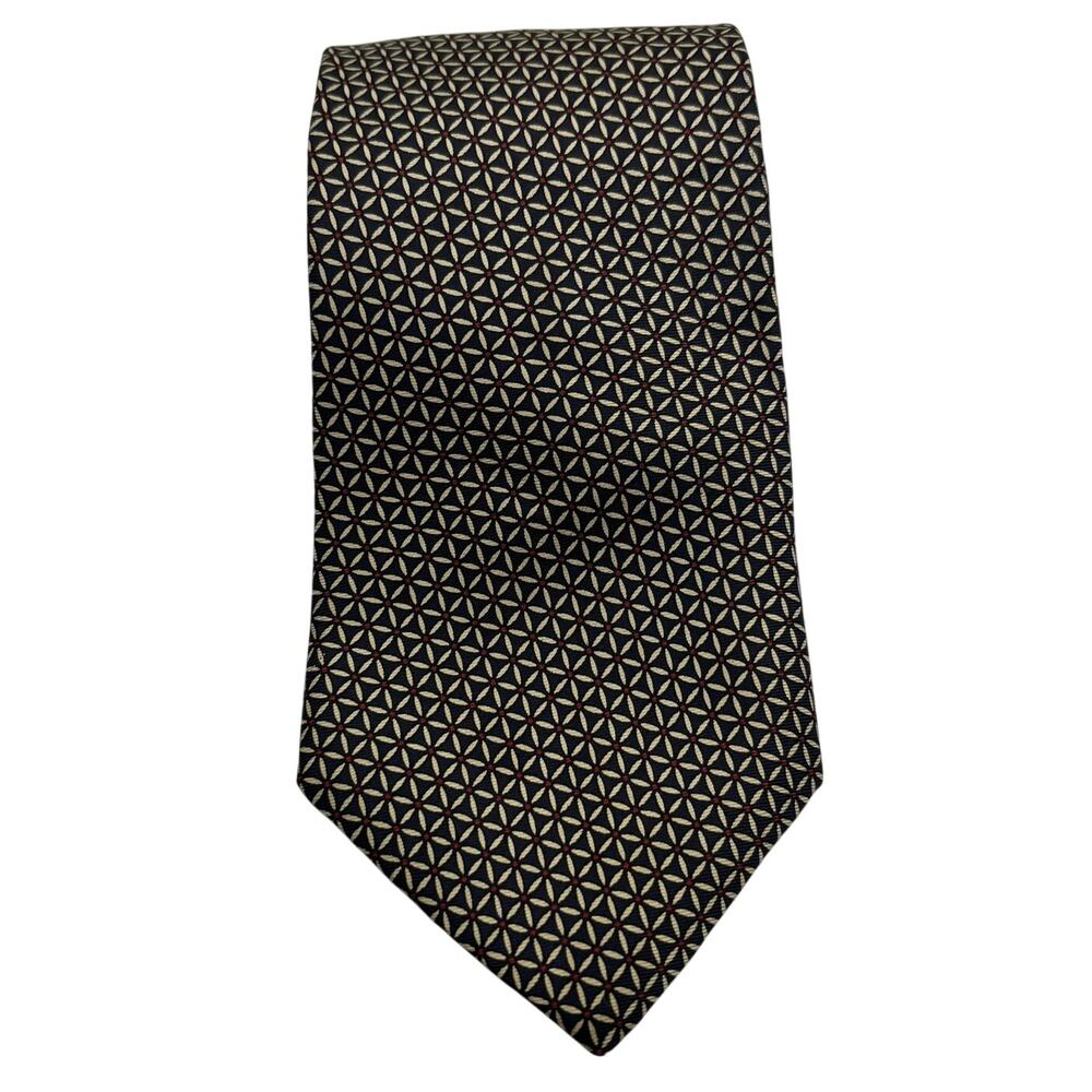 Brooks Brothers Makers All Silk Navy White Red Geometric Floral Star Tie Necktie